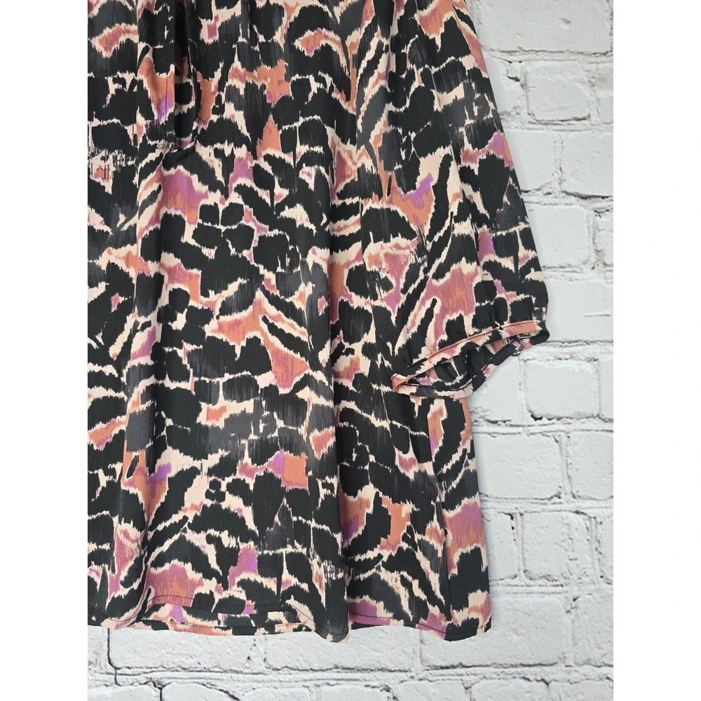 Evereve Blouse Large L Abstract Floral Print Ruffle High Neck Short Sleeve Top - Picture 5 of 10